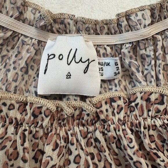Polly Leopard Print Off-Shoulder Smocked Hem Long Sleeve Crop Top Woman's Size 2 - Picture 4 of 8